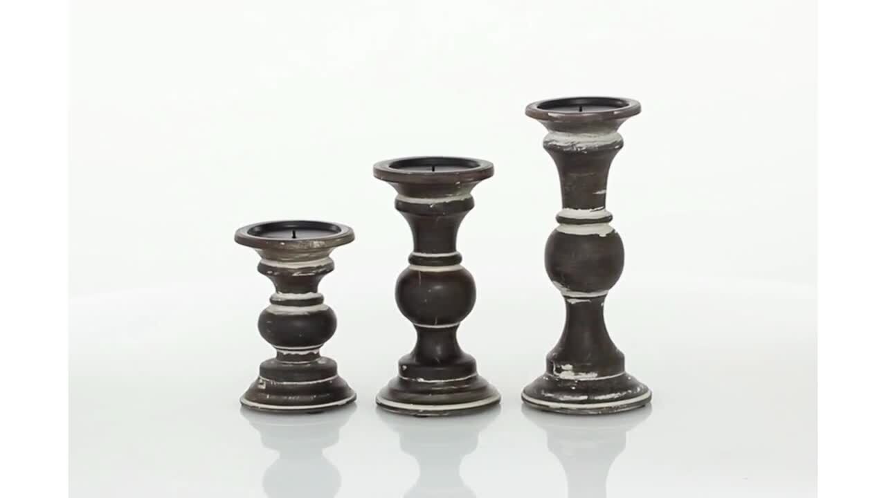 Litton Lane Dark Brown Wood Candle Holder (Set of 3) 31876 - The Home Depot