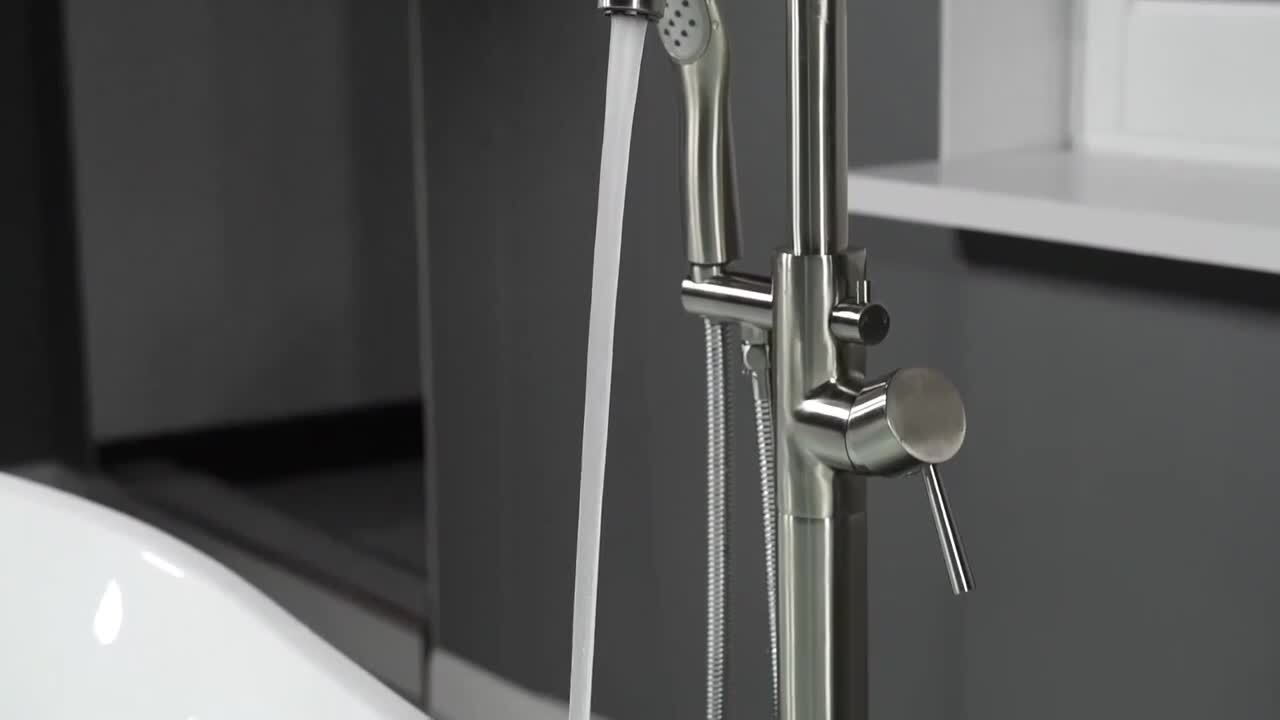 Venice Single-Handle Freestanding Floor Mount Tub Filler Faucet with Hand Shower in Brushed Gold Venice Single-Handle Freestanding Floor Mount Tub Filler Faucet with Hand Shower in Brushed Gold