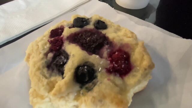 Bean and Leaf's Triple berry scone, warm, light fluffy goodness that has a hint of sweetness.  Definitely for adult tastes.