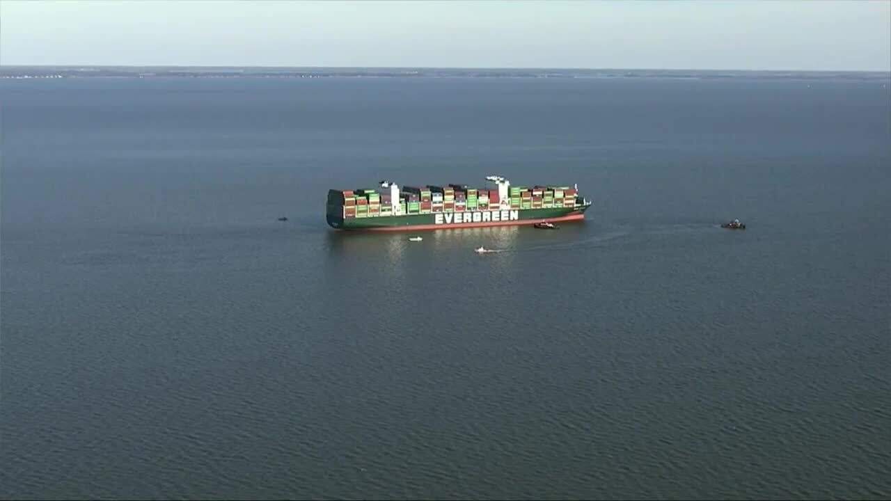 Bid underway to refloat cargo ship aground in Chesapeake Bay