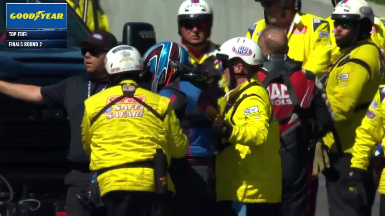 Doug Kalitta and Tony Stewart collide with their Top Fuel dragsters at Reading