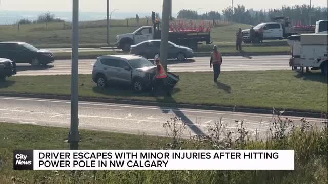 Driver escapes with minor injuries after hitting power pole in NW Calgary