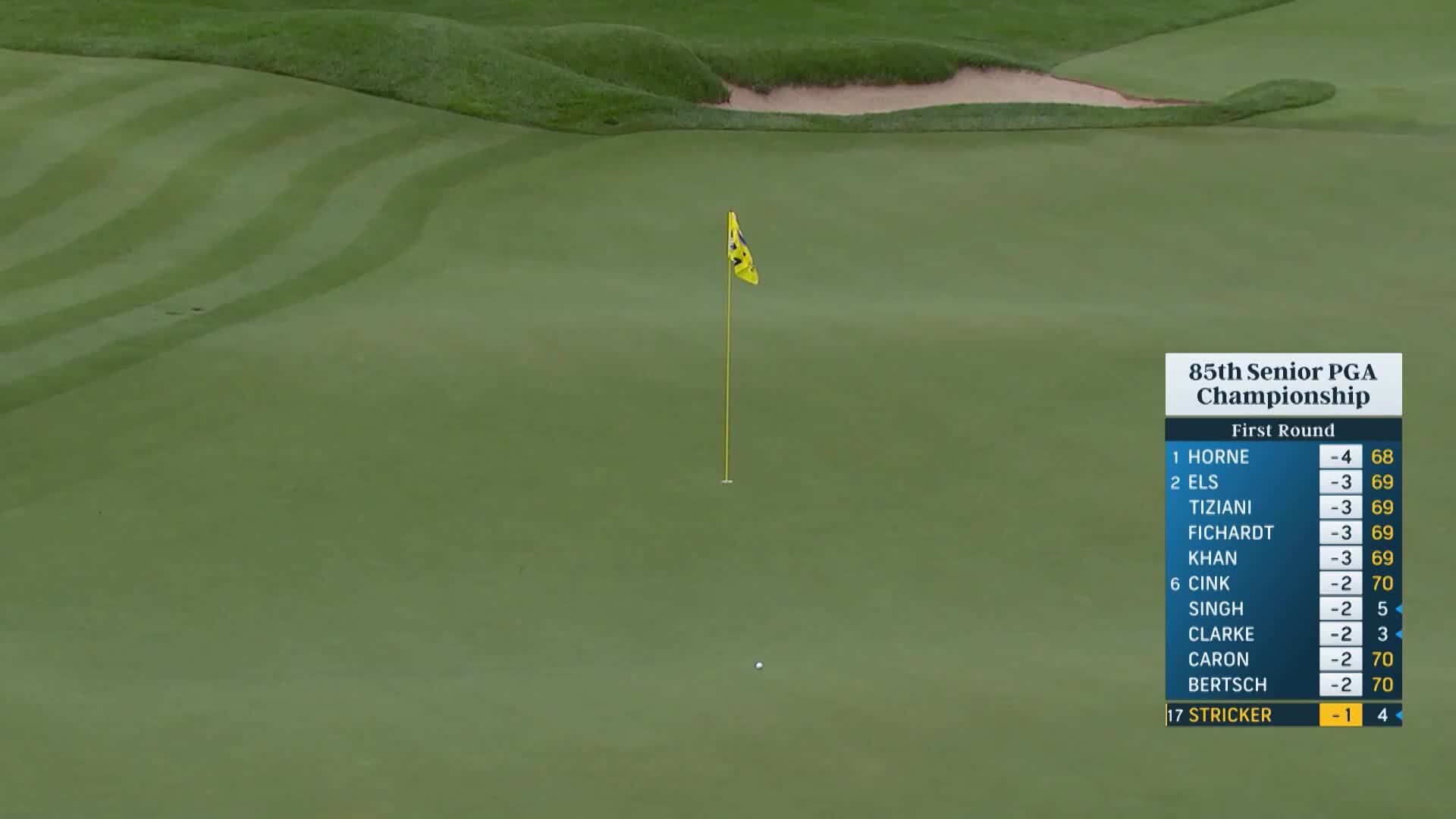 Steve Stricker judges iron shot with slope at Senior PGA