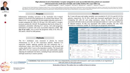 High admission levels of Interleukin-1 receptor antagonist (IL-1RA) in acute MI patients are associated with increased rates of all-cause mortality and cardiac death at 5 years follow-up.