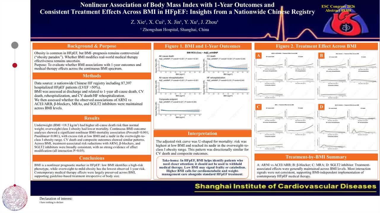 Nonlinear association of body mass index with 1-year outcomes and consistent treatment effects across BMI in HFpEF: insights from a nationwide chinese registry