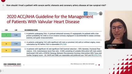 How should I treat a patient with severe aortic stenosis and coronary artery disease at low surgical risk?