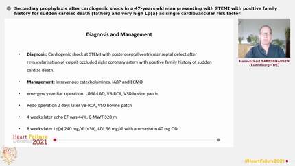 Secondary prophylaxis after cardiogenic shock in a 47-years old man presenting with STEMI with positive family history for sudden cardiac death (father) and very high Lp(a) as single cardiovascular risk factor.