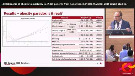 Relationship of obesity to mortality in 47 399 patients from nationwide LIPIDOGRAM 2004-2015 cohort studies.
