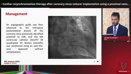 Cardiac resynchronization therapy after coronary sinus reducer implantation using a proximal venous tributary.