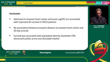Distance to invasive heart centre, performance of acute coronary angiography and angioplasty and associated outcome in out-of-hospital cardiac arrest: a nationwide study