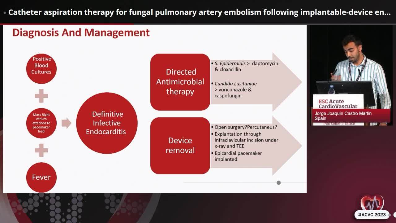 Catheter aspiration therapy for fungal pulmonary artery embolism following implantable-device endocarditis