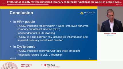 Evolocumab rapidly reverses impaired coronary endothelial function in six weeks in people living with HIV and in patients with dyslipidemia