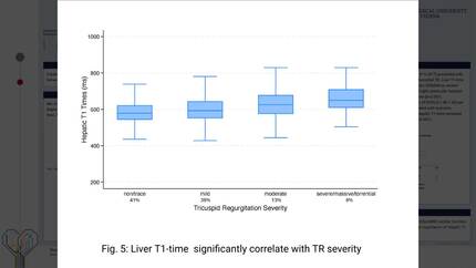 Association between CMR derived hepatic T1 times, tricuspid regurgitation severity, and outcomes.