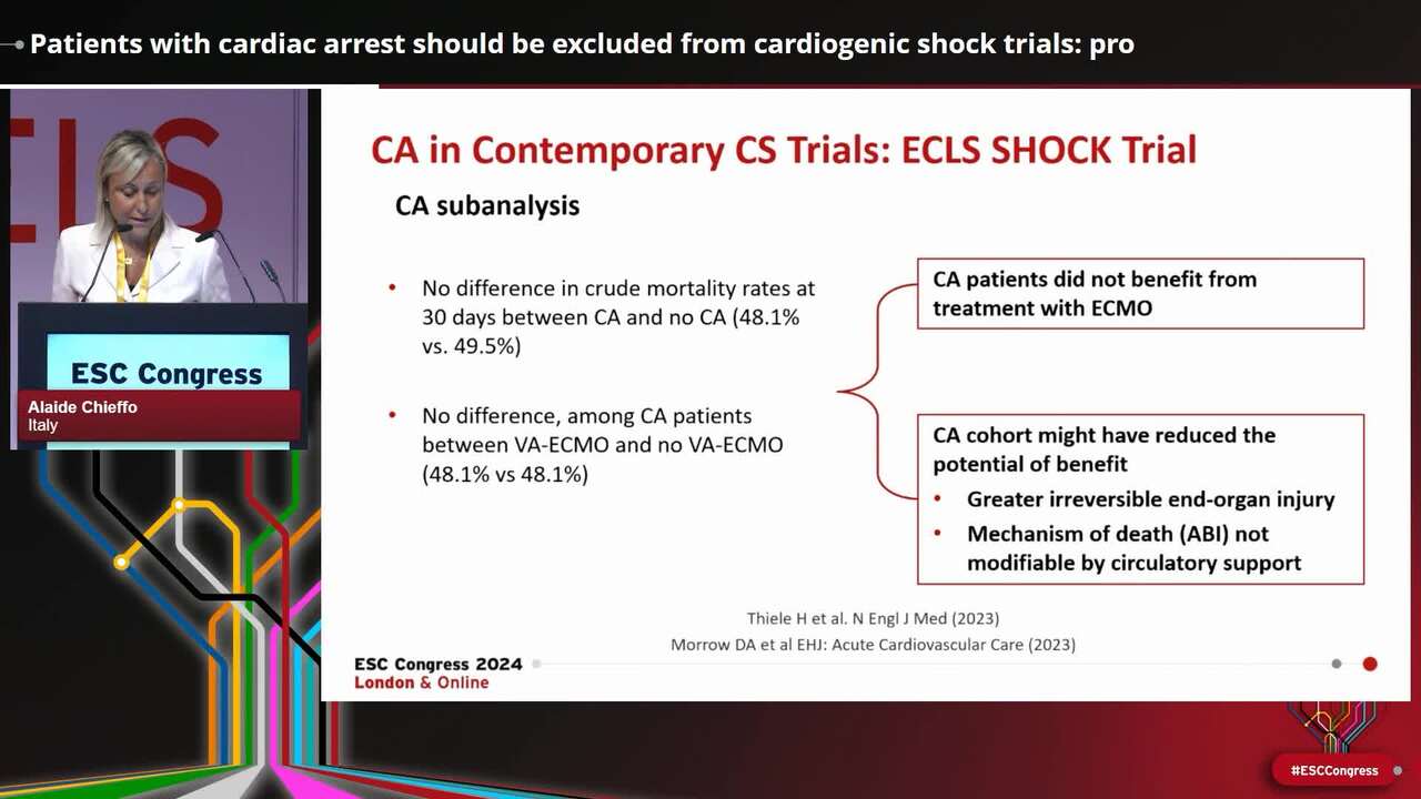 Patients with cardiac arrest should be excluded from cardiogenic shock trials: pro