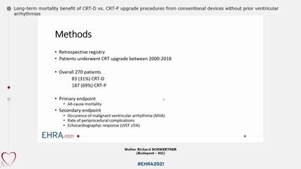 Long-term mortality benefit of CRT-D vs. CRT-P upgrade procedures from conventional devices without prior ventricular arrhythmias