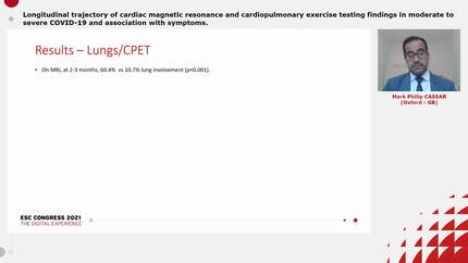 Longitudinal trajectory of cardiac magnetic resonance and cardiopulmonary exercise testing findings in moderate to severe COVID-19 and association with symptoms. 