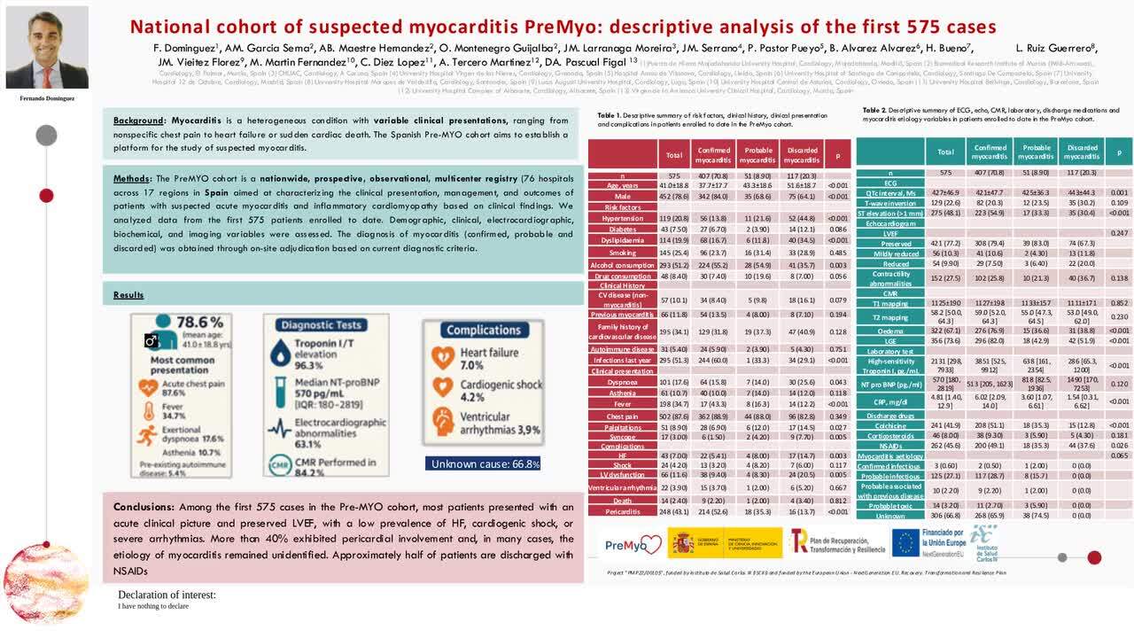 National cohort of suspected myocarditis PreMYO: descriptive analysis of the first 575 cases. 