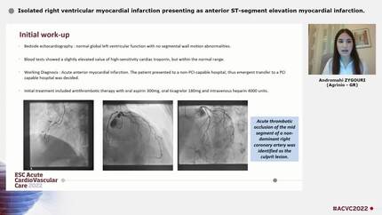 Isolated right ventricular myocardial infarction presenting as anterior ST-segment elevation myocardial infarction.