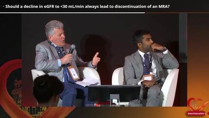 Should a decline in eGFR to <30 mL/min always lead to discontinuation of an MRA? 