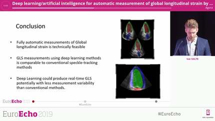 Deep learning/artificial intelligence for automatic measurement of global longitudinal strain by echocardiography.