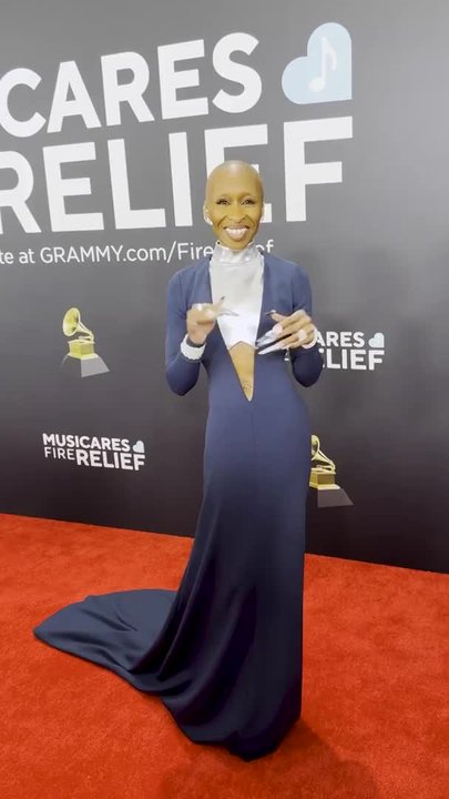 cynthia erivo blue dress Cynthia Erivo Wears Navy Cut-Out Dress to the 2025 Grammys Red Carpet