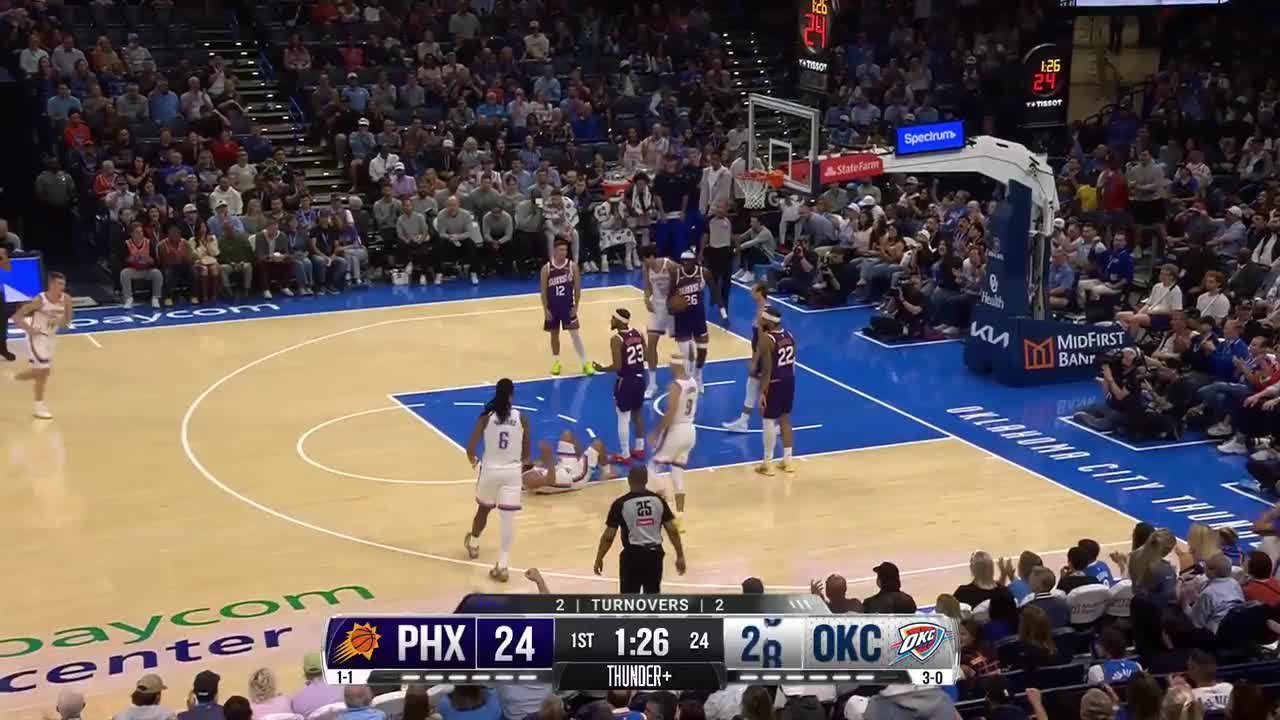 Ajay Mitchell scores and draws the foul