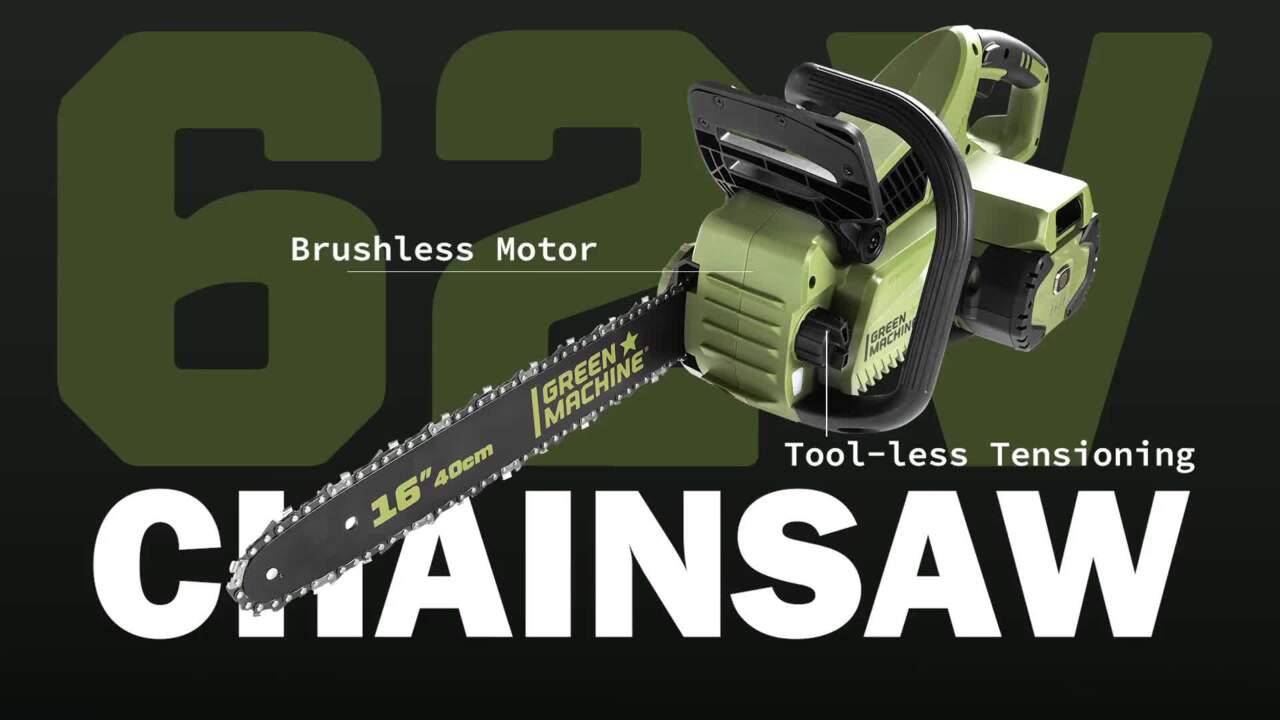 Green Machine GMCS6200 62V Brushless 16 in. Battery Chainsaw Auto-Tensioning System, Easy Trigger Start with 4 Ah Battery and Charger
