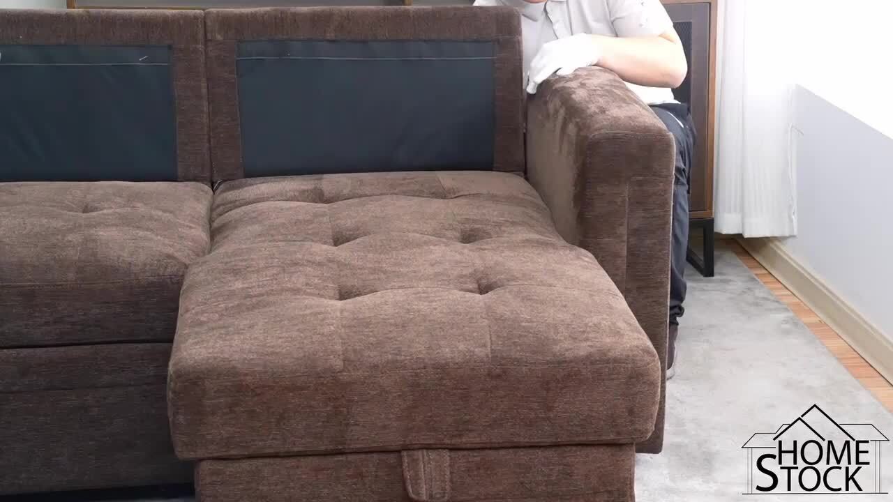 54 in. Reversible Sleeper Microfiber Rolled Arm Sectional Sofa with Storage and USB Ports in Espresso