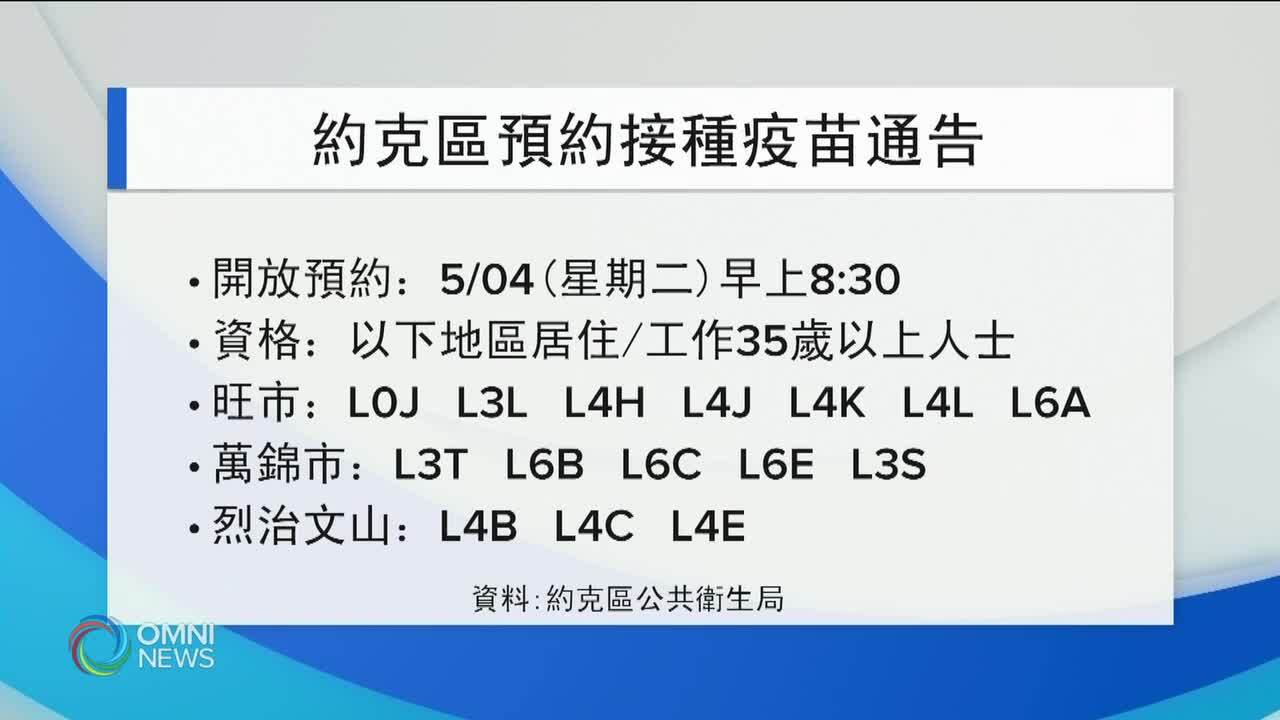 多市及約克區開放更多接種名额 -- May 03, 2021 (ON)