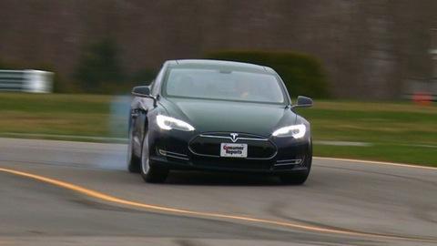 Tesla Model S drifting at the Consumer Reports test track