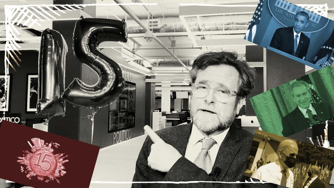 Politico conquers 15 years, and presidential punchlines
