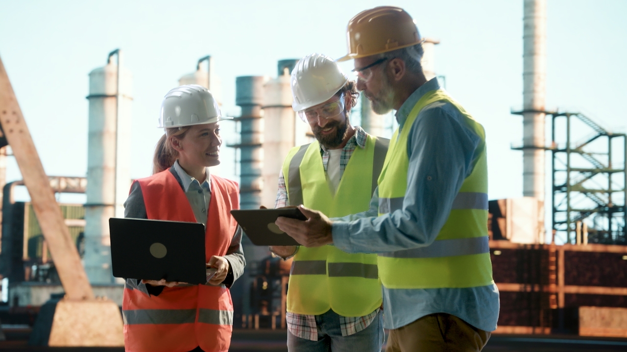 Three individuals at an industrial site wearing reflective vests and hard hats look at a handheld tablet and laptop together.