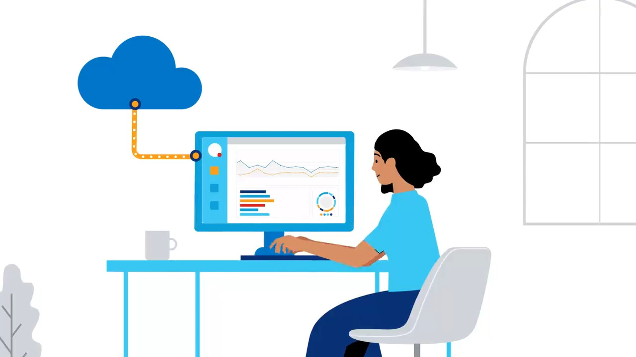 illustration of a women working in front of a desktop that’s connected to cloud