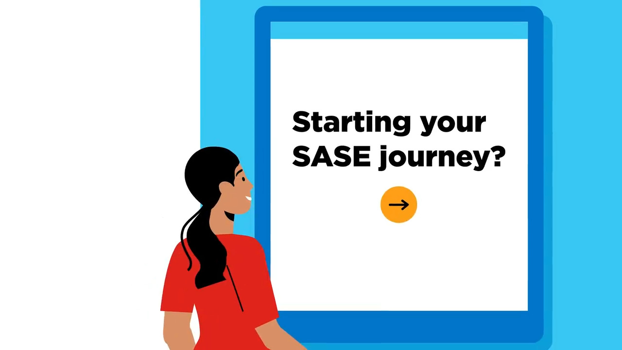 illustration of a woman looking at a screen that says Starting your SASE journey 