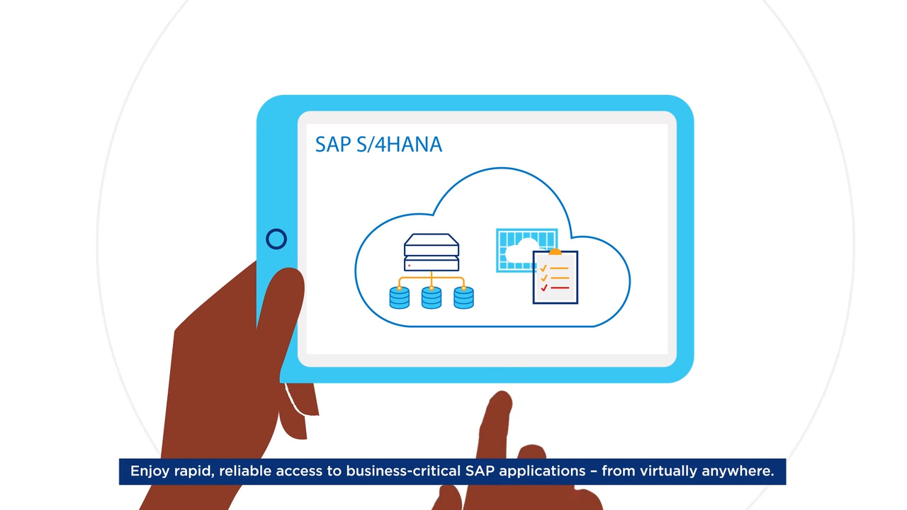Graphic of person holding a digital tablet displaying SAP S/4HANA with server, storage, spreadsheet and checklist inside the cloud. 