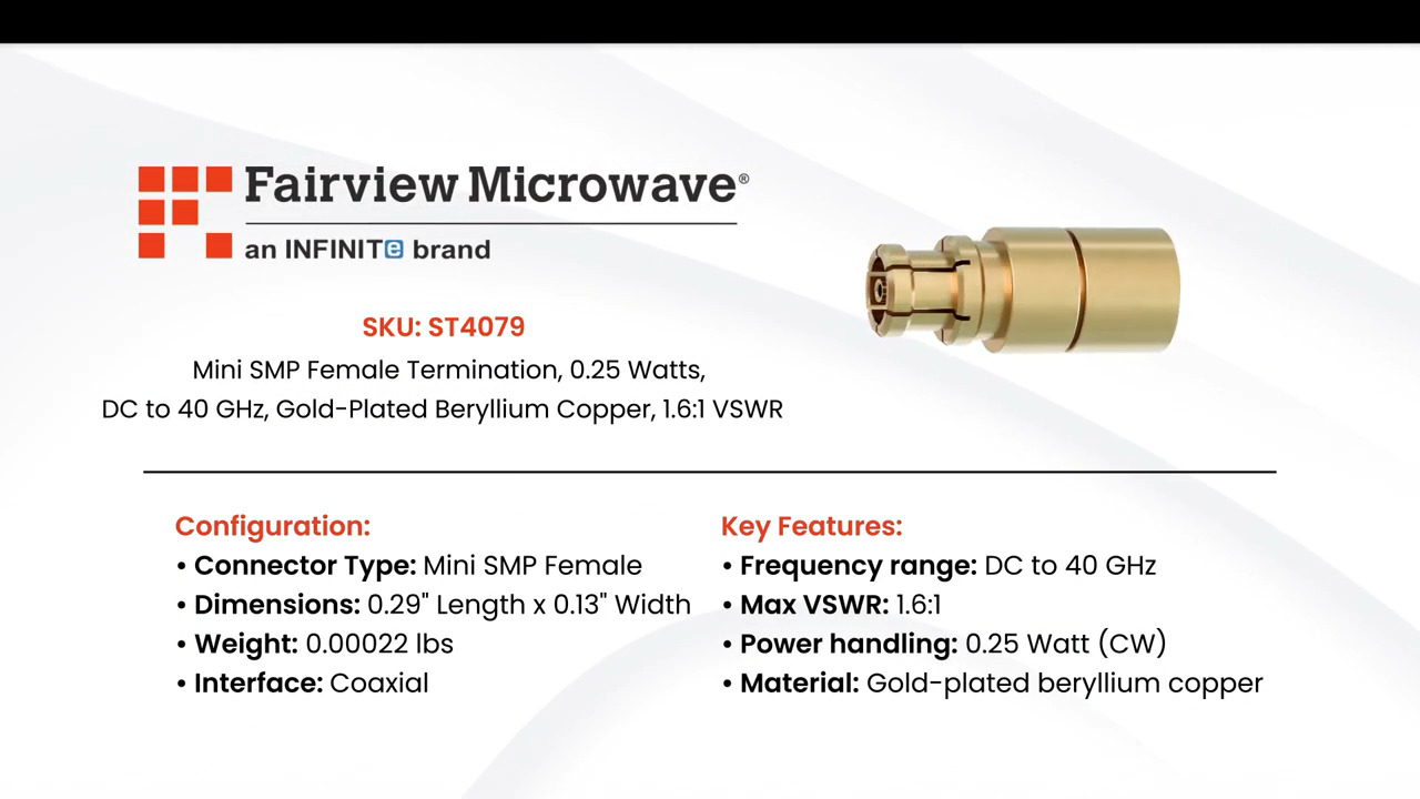 ST4079 Mini SMP Female Termination | DC to 40 GHz, 0.25W, 1.6:1 VSWR