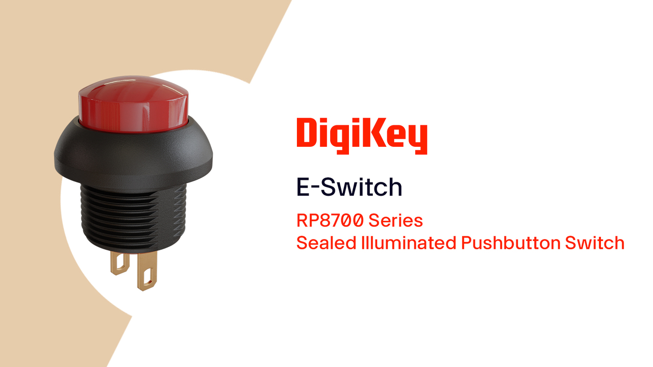 This video discusses the RP8700 Series Sealed Illuminated Pushbutton Switch from E-Switch. They have IP68 sealing, long mechanical life, and flexible mounting and termination options. 