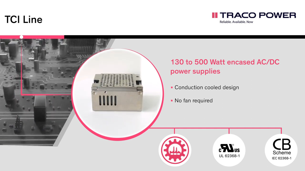 TCI Line – Conduction cooled 130 to 500 Watt encased AC/DC power supplies