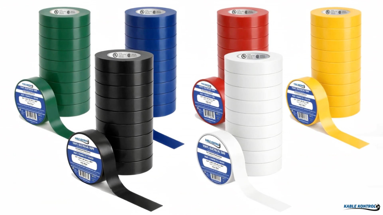 Kable Kontrol PVC Electrical Tape offers 7‑mil thickness, 600V insulation, & 176°F temperature resistance. UL & CSA‑approved, offers fire & weather resistance for reliable wiring, splicing, & color‑coding in residential, commercial, & industrial use.