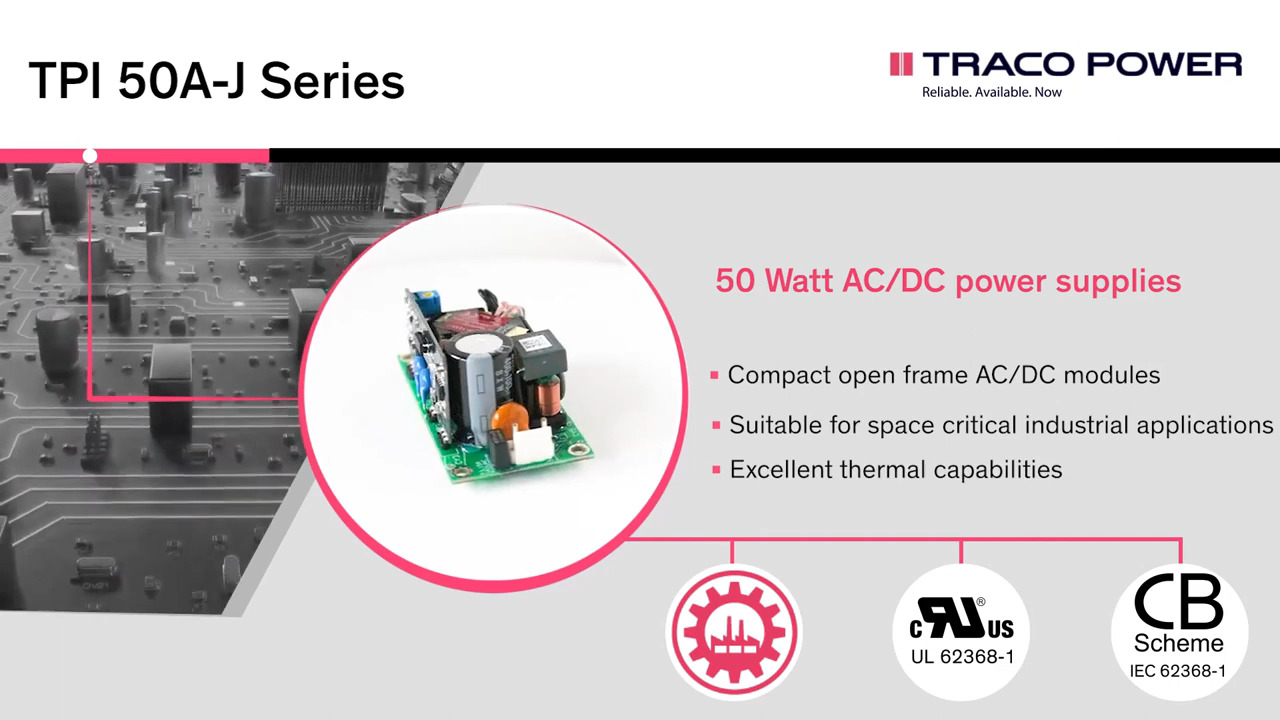 TPI 50A-J – Compact open frame AC/DC power supplies for industrial applications
