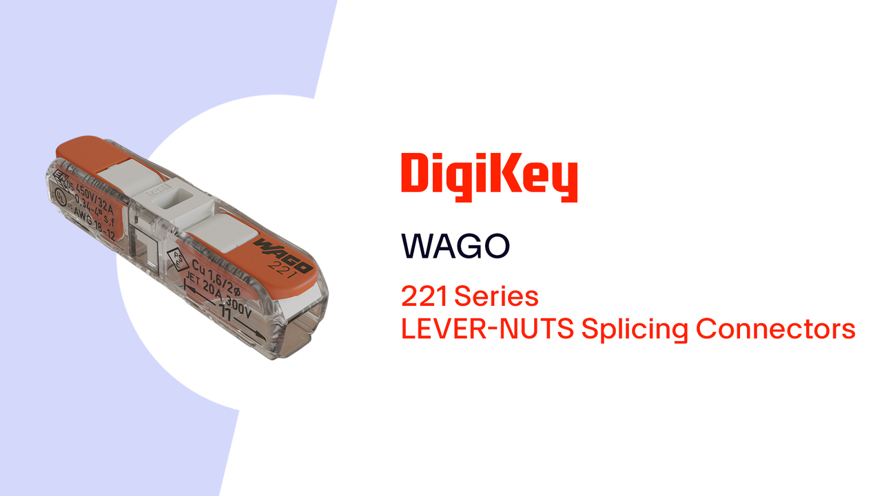 This video discusses the 221 Series LEVER-NUTS Splicing Connectors from WAGO. These devices feature lever-actuated wire termination that supports multiple conductor types and gauges for fast and reliable installation connections.
