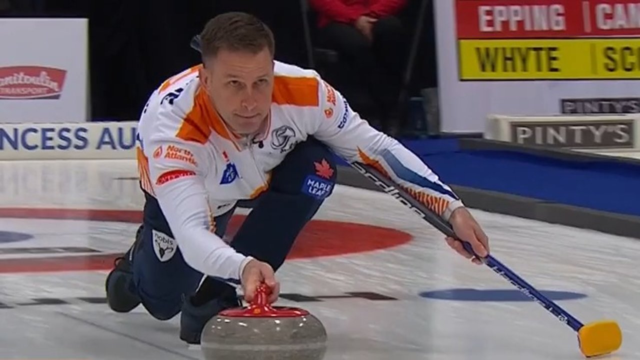 Gushue clears a pair of stones in the seventh end to secure a victory against Team Mouat Gushue clears a pair of stones in the seventh end to secure a victory against Team Mouat