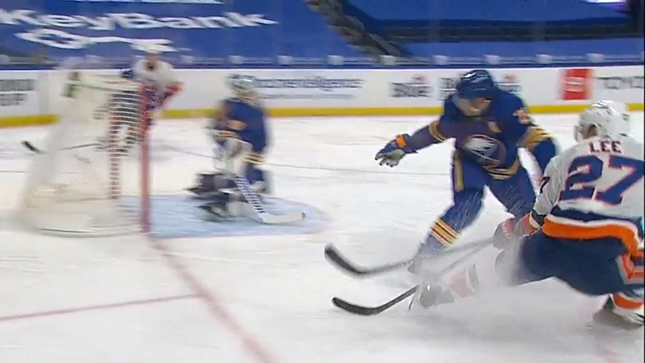 Lee hammers sweet shot into wide-open net before falling over