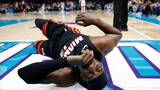 Heat’s Adebayo takes hard fall after trip from Hornets’ Ball