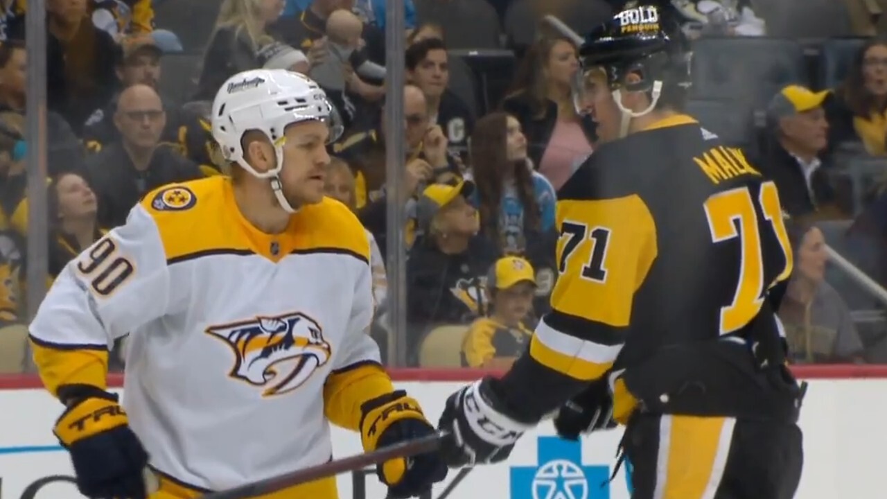 Mark Borowiecki Takes Cross-Check To The Face From Evgeni Malkin 