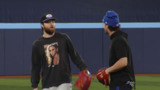 Maple Leafs players play catch at Blue Jays warmups