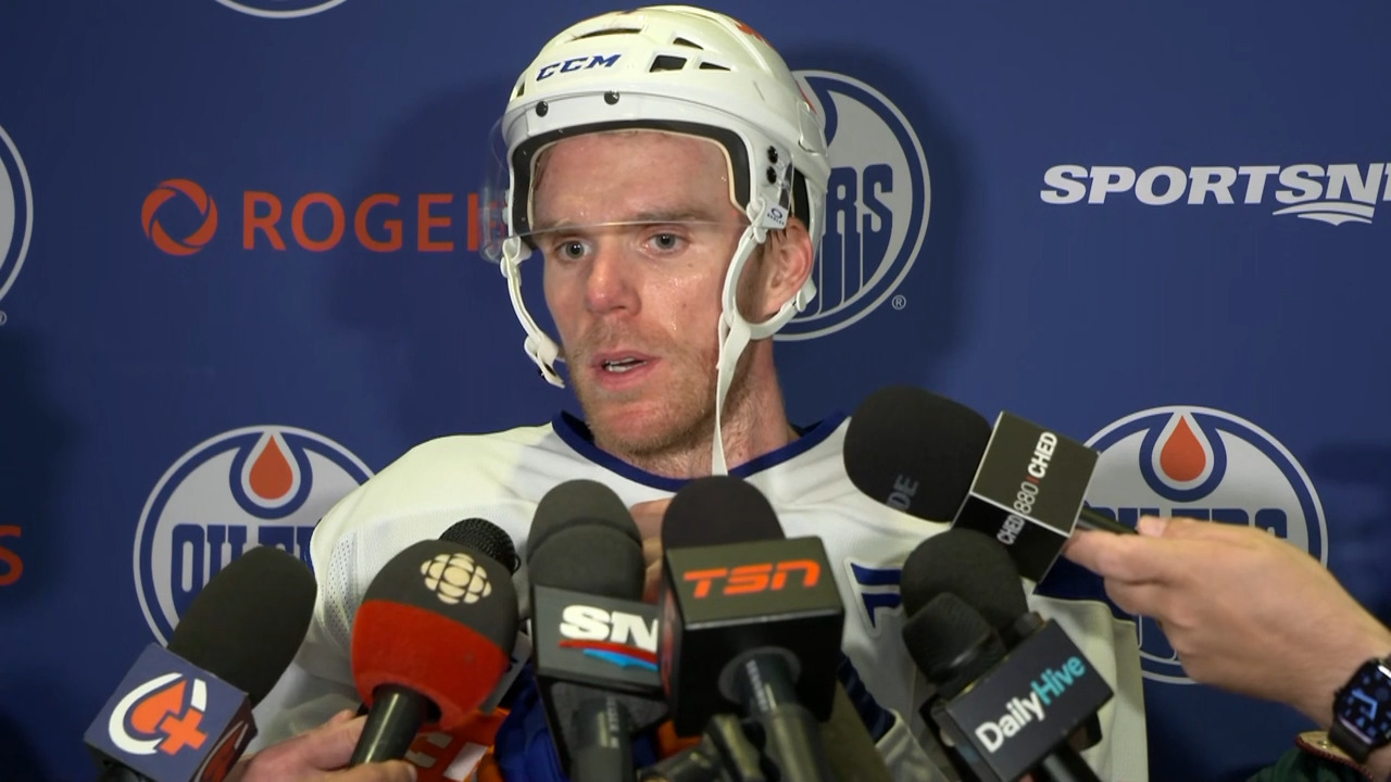 Connor McDavid speaking to media