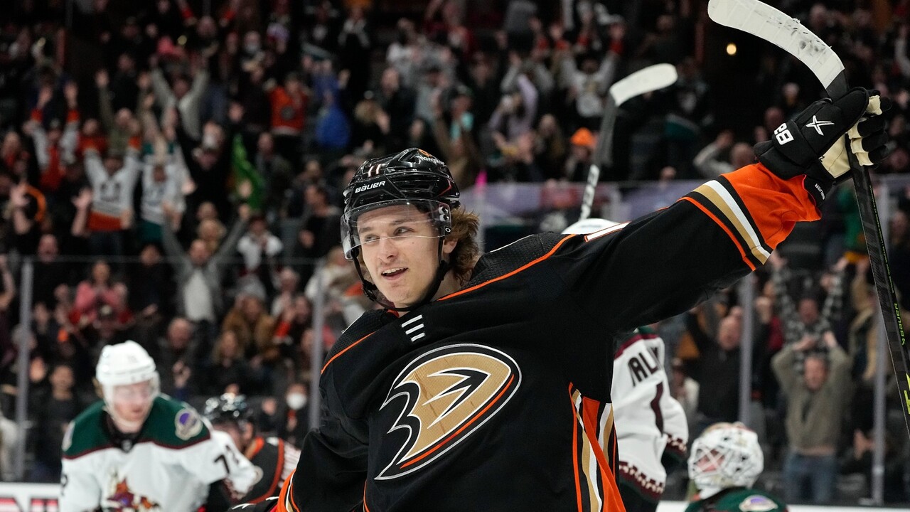 Anaheim Ducks center Trevor Zegras (11) controls the puck during