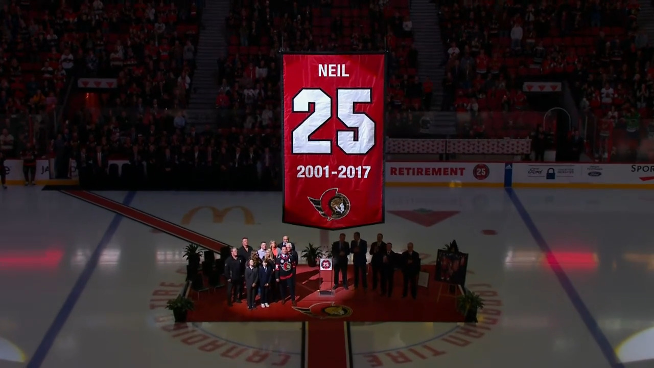 Senators legend Chris Neil's No. 25 being raised to the rafters in Ottawa