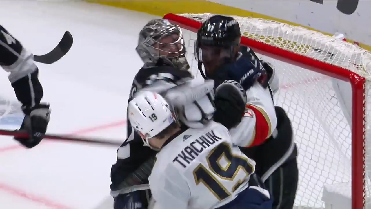 Chaos ensues after Tkachuk appears to poke Quick’s mask with his stick